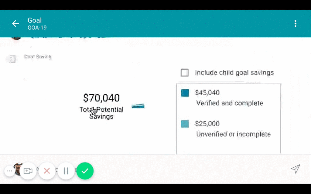 Visualización animada del ahorro de costes para un objetivo