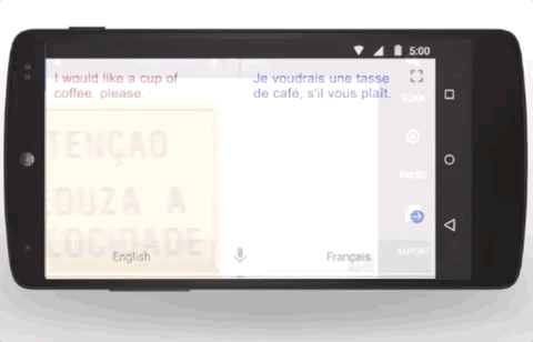 A phone with Google translate installed showing a road sign being dynamically translated