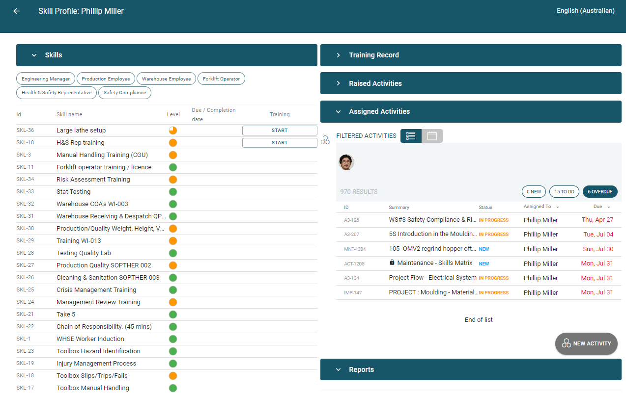 Skills profile view on TeamAssurance